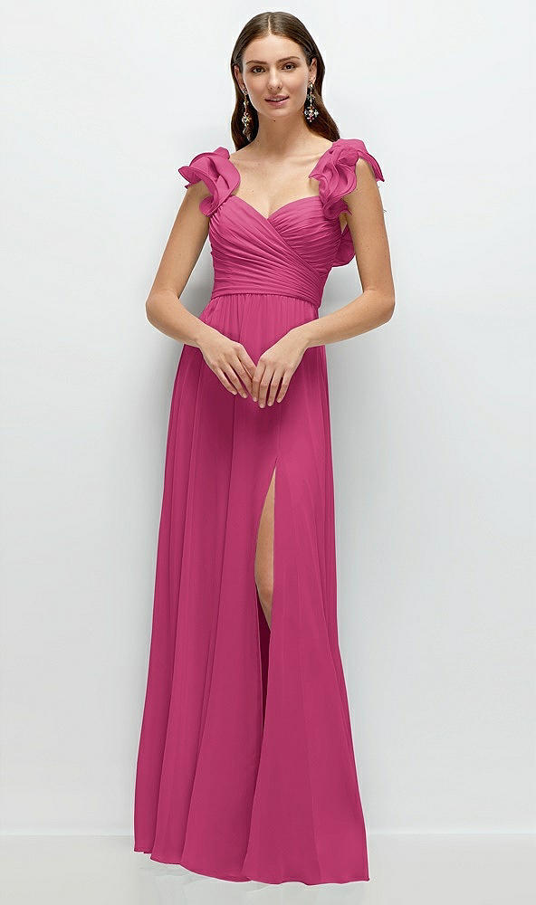 Front View - Tea Rose Dramatic Ruffle Edge Strap Chiffon Maxi Dress