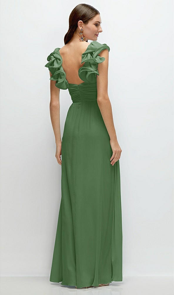 Back View - Vineyard Green Dramatic Ruffle Edge Strap Chiffon Maxi Dress