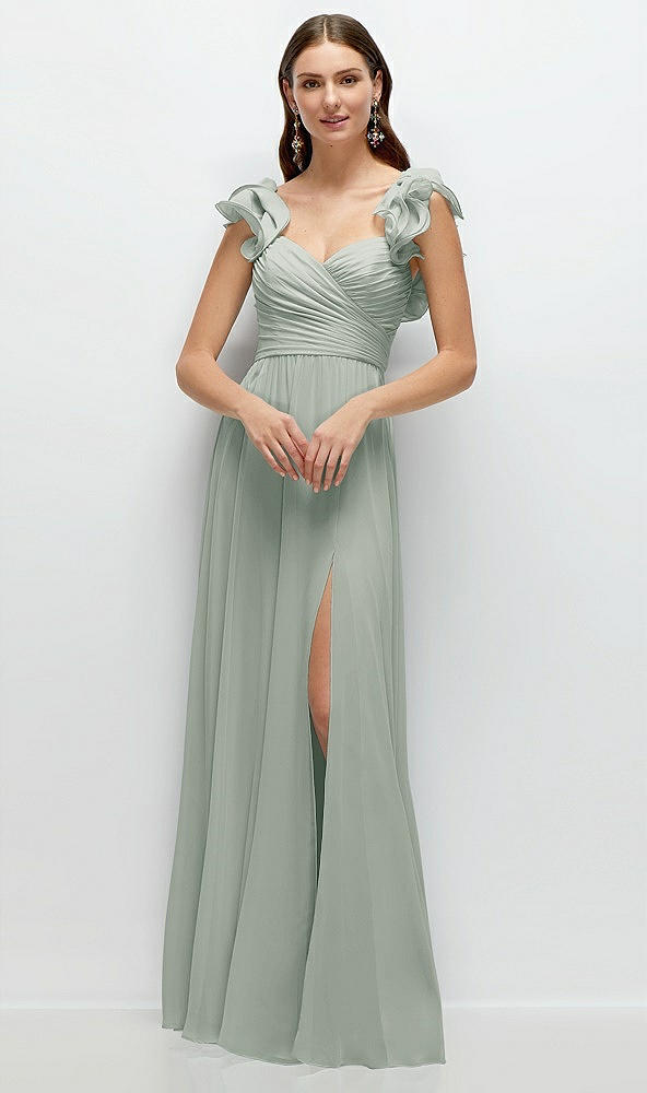 Front View - Willow Green Dramatic Ruffle Edge Strap Chiffon Maxi Dress