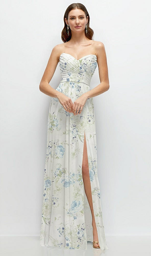 Front View - Bleu Garden Strapless Pleated Surplice Chiffon Maxi Dress with A-Line Skirt