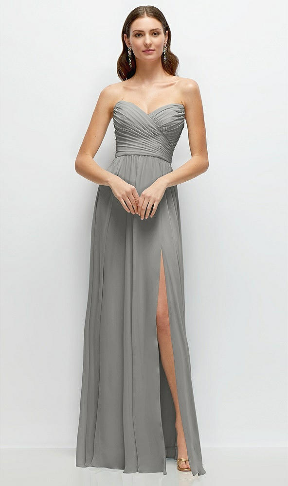 Front View - Chelsea Gray Strapless Pleated Surplice Chiffon Maxi Dress with A-Line Skirt