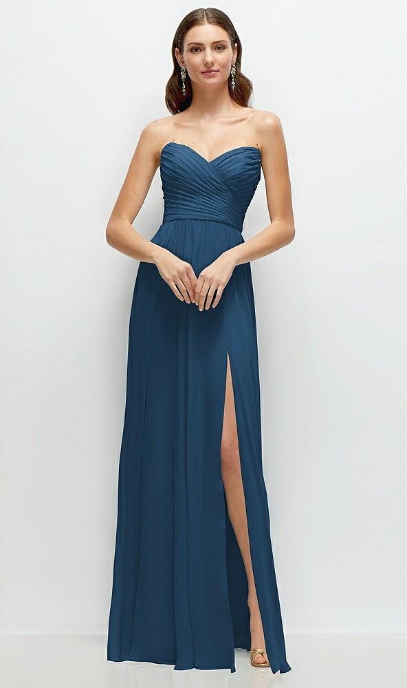 Front View - Dusk Blue Strapless Pleated Surplice Chiffon Maxi Dress with A-Line Skirt