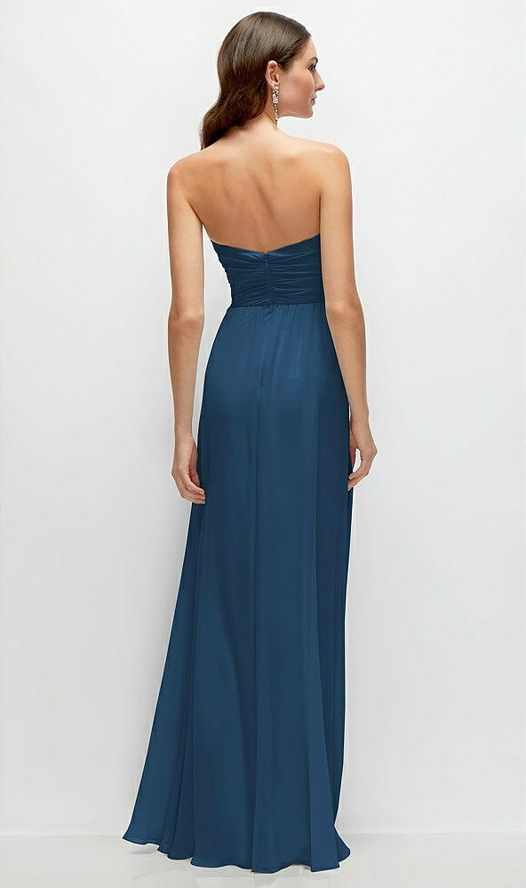 Back View - Dusk Blue Strapless Pleated Surplice Chiffon Maxi Dress with A-Line Skirt