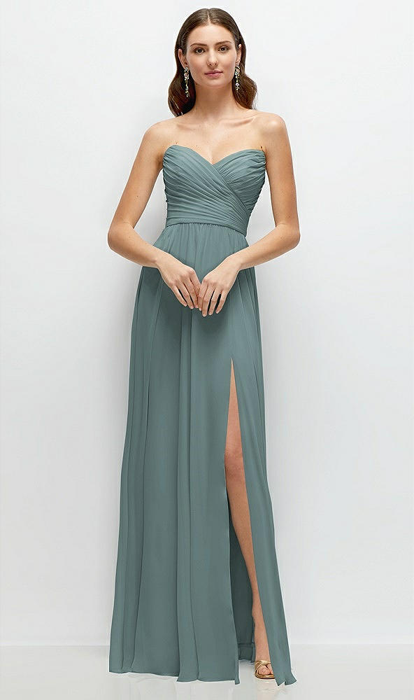 Front View - Icelandic Strapless Pleated Surplice Chiffon Maxi Dress with A-Line Skirt