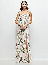 Front View Thumbnail - Palm Beach Print Strapless Pleated Surplice Chiffon Maxi Dress with A-Line Skirt