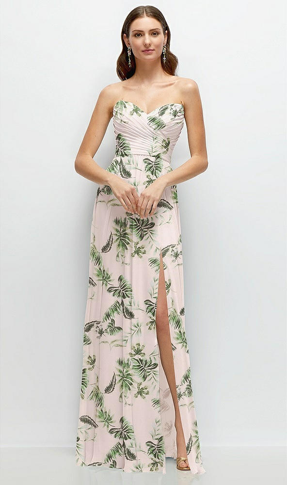 Front View - Palm Beach Print Strapless Pleated Surplice Chiffon Maxi Dress with A-Line Skirt