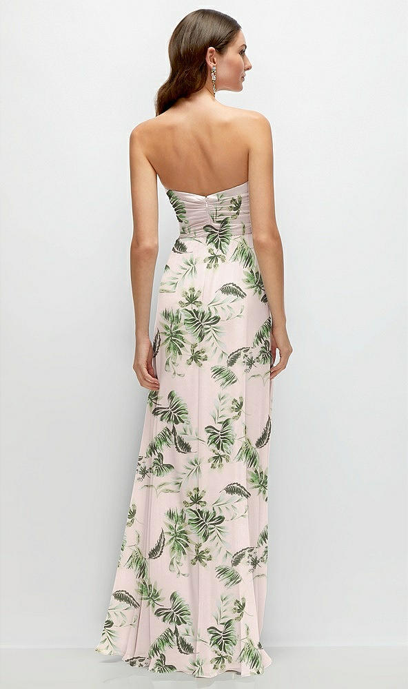 Back View - Palm Beach Print Strapless Pleated Surplice Chiffon Maxi Dress with A-Line Skirt