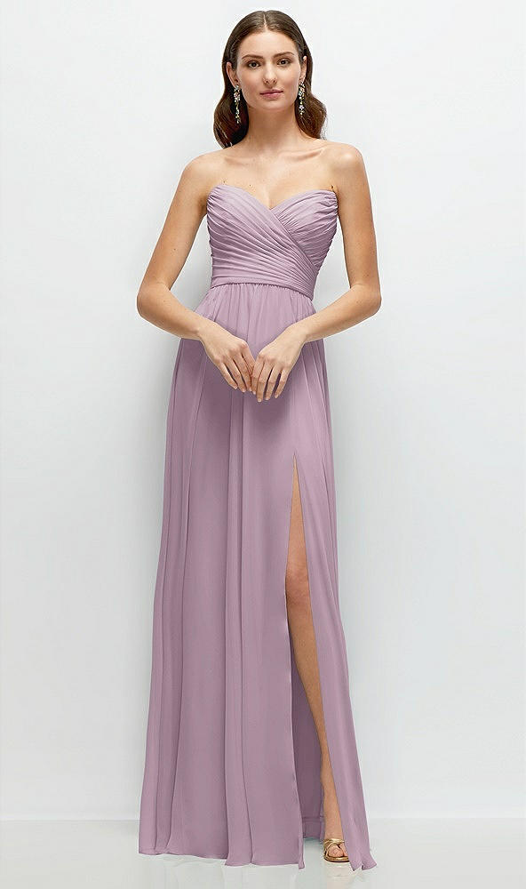 Front View - Suede Rose Strapless Pleated Surplice Chiffon Maxi Dress with A-Line Skirt