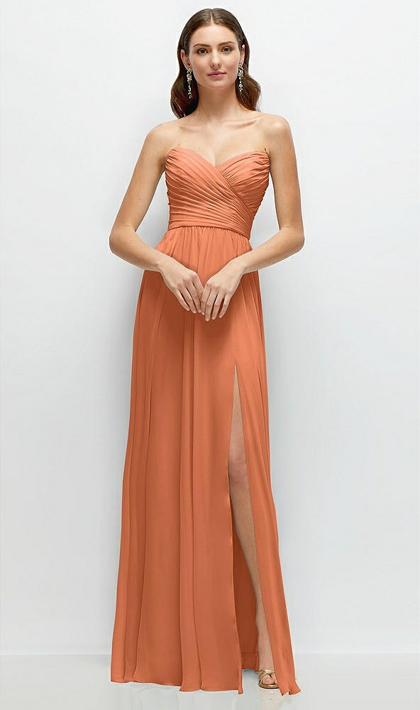 Front View - Sweet Melon Strapless Pleated Surplice Chiffon Maxi Dress with A-Line Skirt