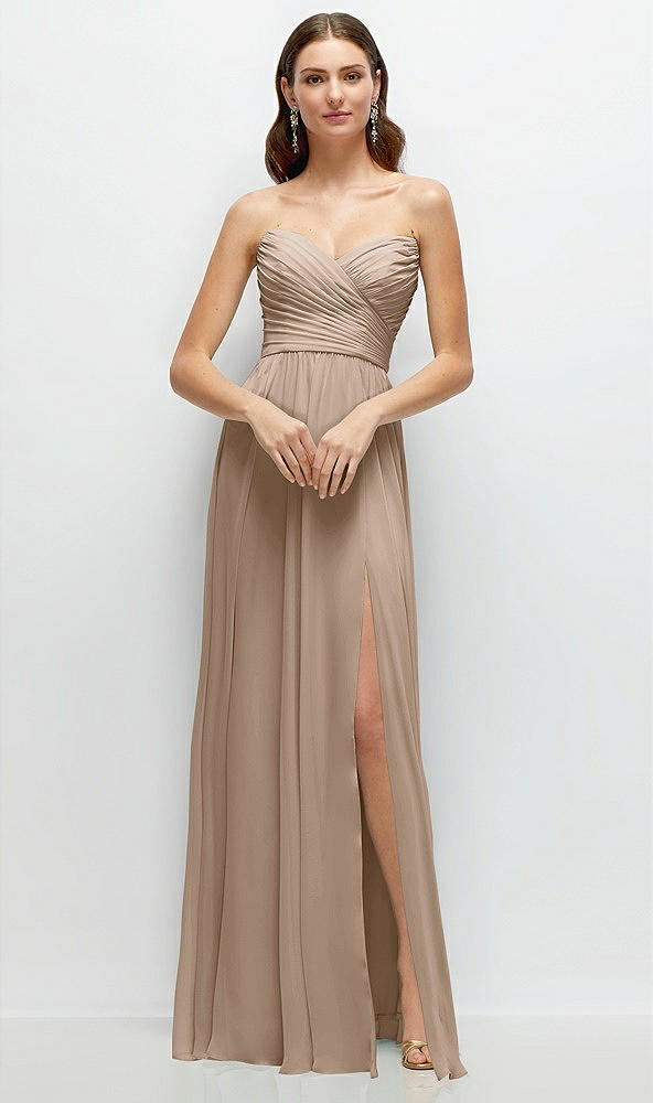 Front View - Topaz Strapless Pleated Surplice Chiffon Maxi Dress with A-Line Skirt