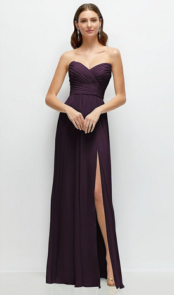 Front View - Aubergine Strapless Pleated Surplice Chiffon Maxi Dress with A-Line Skirt