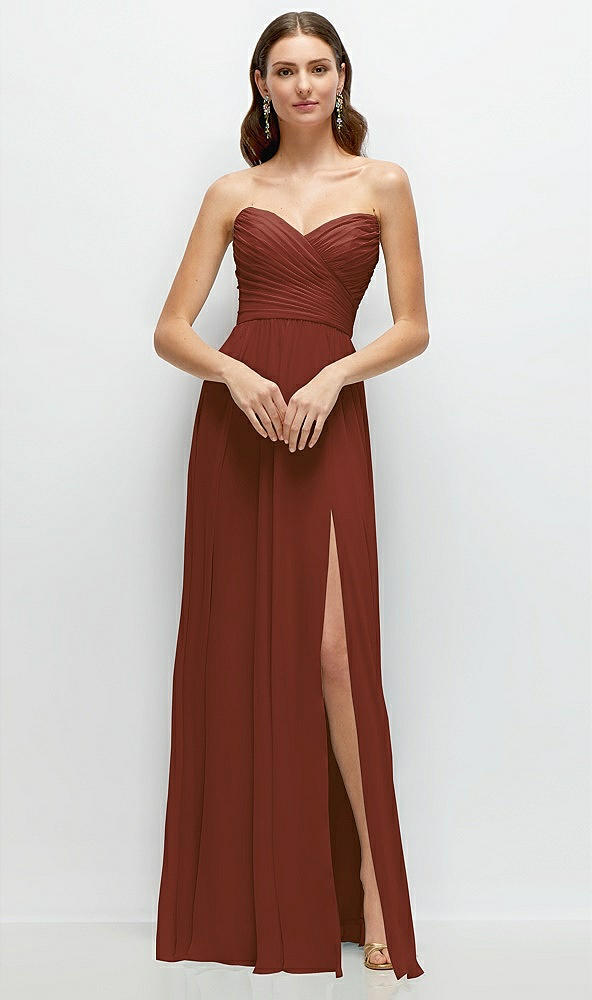 Front View - Auburn Moon Strapless Pleated Surplice Chiffon Maxi Dress with A-Line Skirt