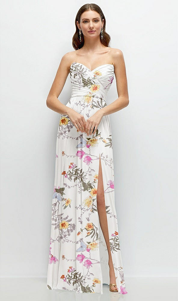 Front View - Butterfly Botanica Ivory Strapless Pleated Surplice Chiffon Maxi Dress with A-Line Skirt