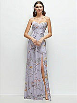 Front View Thumbnail - Butterfly Botanica Silver Dove Strapless Pleated Surplice Chiffon Maxi Dress with A-Line Skirt