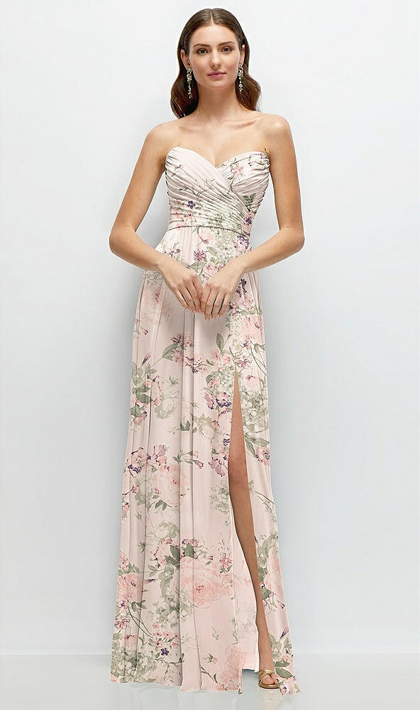 Front View - Blush Garden Strapless Pleated Surplice Chiffon Maxi Dress with A-Line Skirt