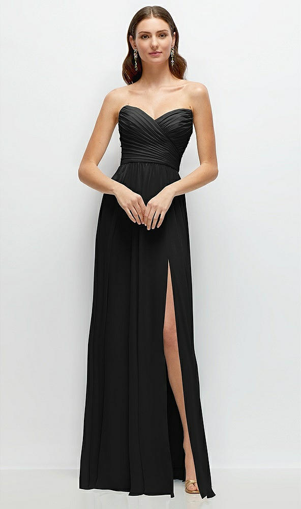 Front View - Black Strapless Pleated Surplice Chiffon Maxi Dress with A-Line Skirt