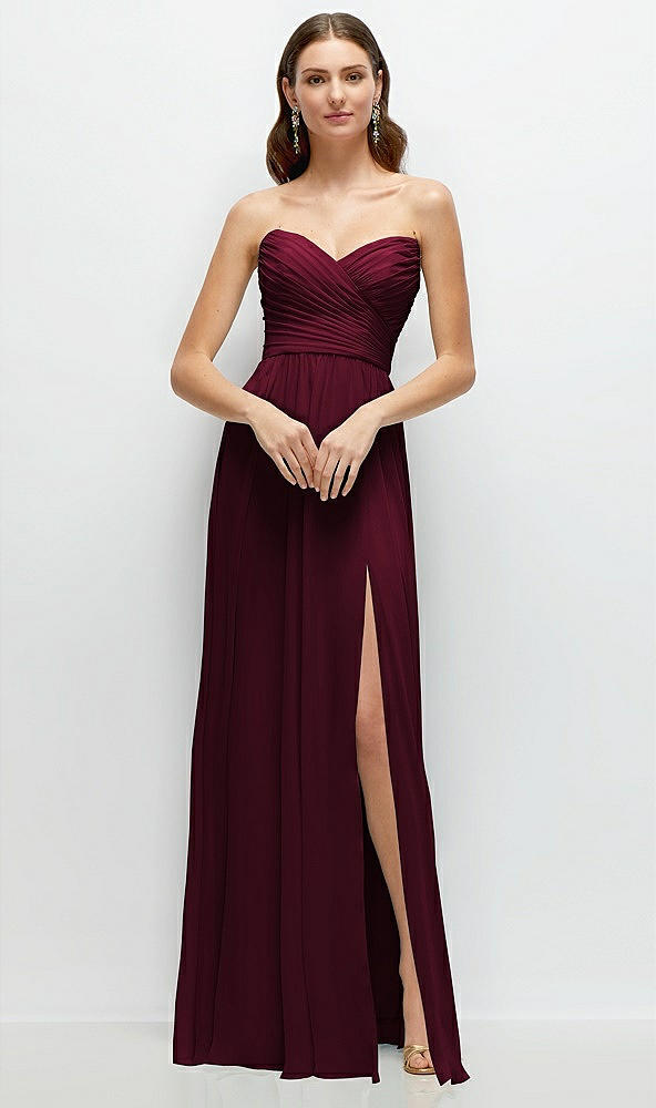 Front View - Cabernet Strapless Pleated Surplice Chiffon Maxi Dress with A-Line Skirt