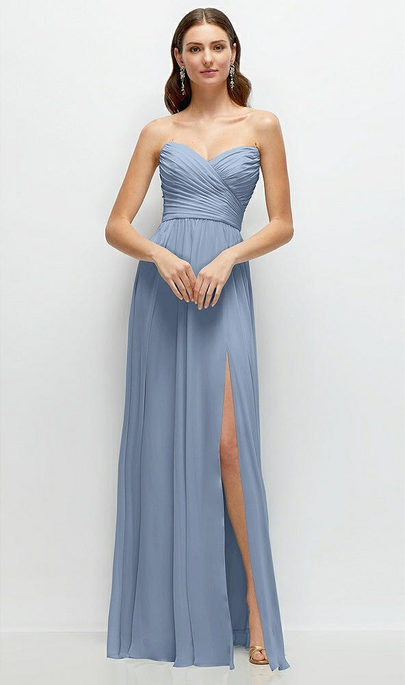 Front View - Cloudy Strapless Pleated Surplice Chiffon Maxi Dress with A-Line Skirt