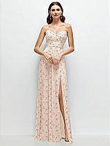 Front View Thumbnail - Coquette Floral Print Strapless Pleated Surplice Chiffon Maxi Dress with A-Line Skirt