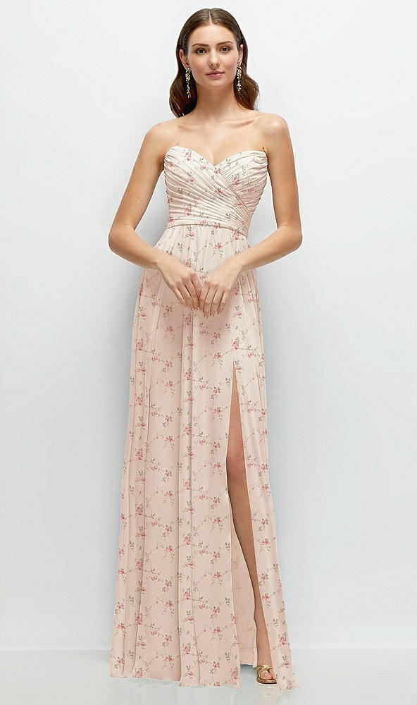 Front View - Coquette Floral Print Strapless Pleated Surplice Chiffon Maxi Dress with A-Line Skirt