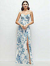 Front View Thumbnail - Cottage Rose Dusk Blue Strapless Pleated Surplice Chiffon Maxi Dress with A-Line Skirt