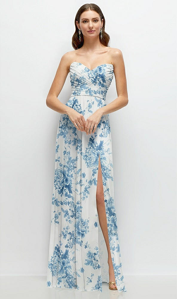 Front View - Cottage Rose Dusk Blue Strapless Pleated Surplice Chiffon Maxi Dress with A-Line Skirt