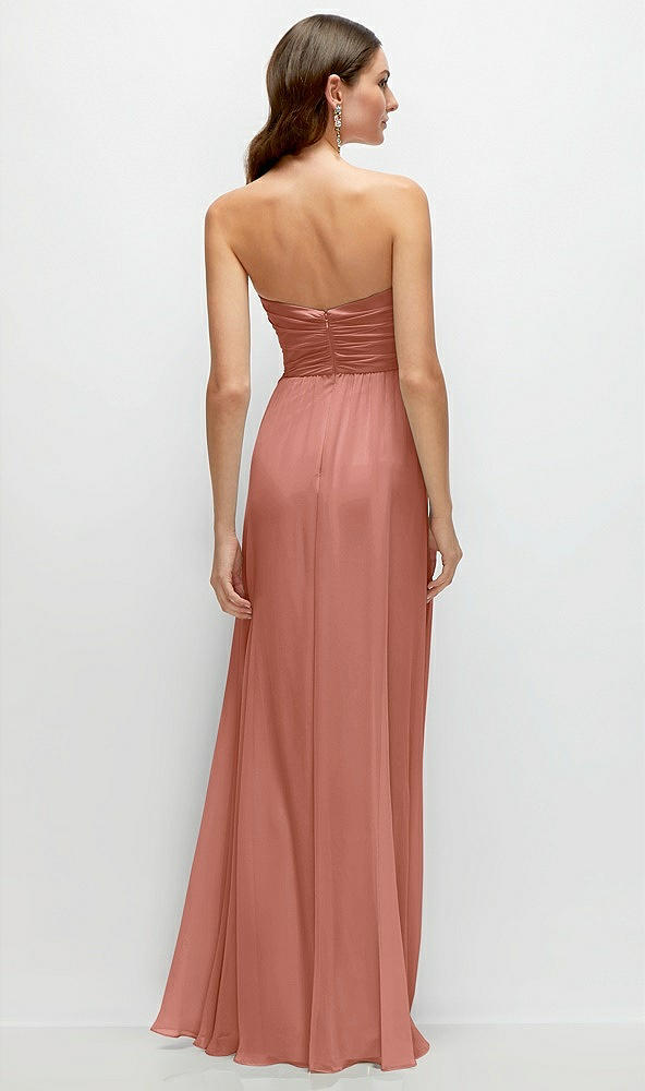 Back View - Desert Rose Strapless Pleated Surplice Chiffon Maxi Dress with A-Line Skirt