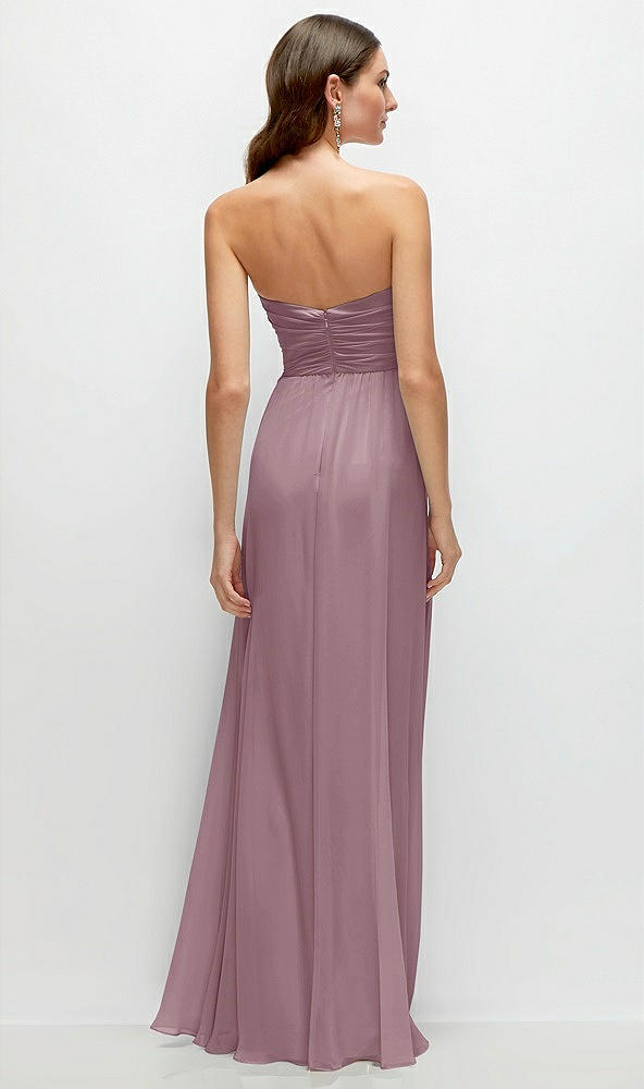 Back View - Dusty Rose Strapless Pleated Surplice Chiffon Maxi Dress with A-Line Skirt