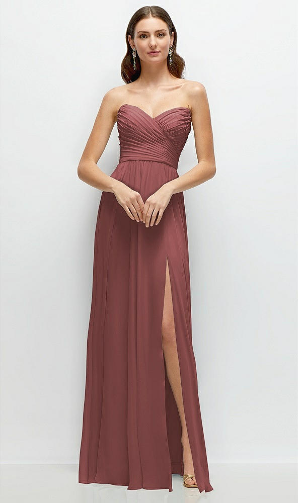 Front View - English Rose Strapless Pleated Surplice Chiffon Maxi Dress with A-Line Skirt