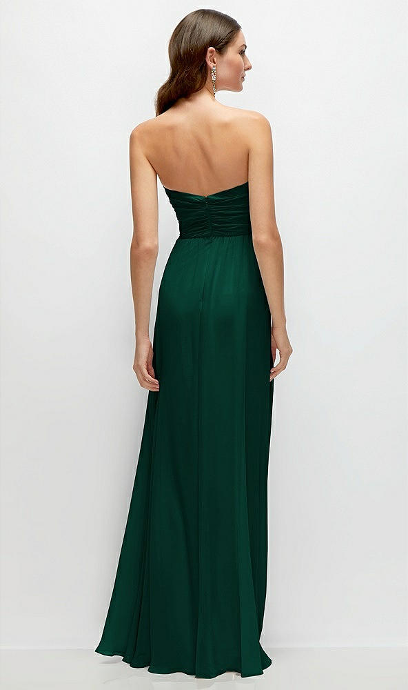 Back View - Hunter Green Strapless Pleated Surplice Chiffon Maxi Dress with A-Line Skirt