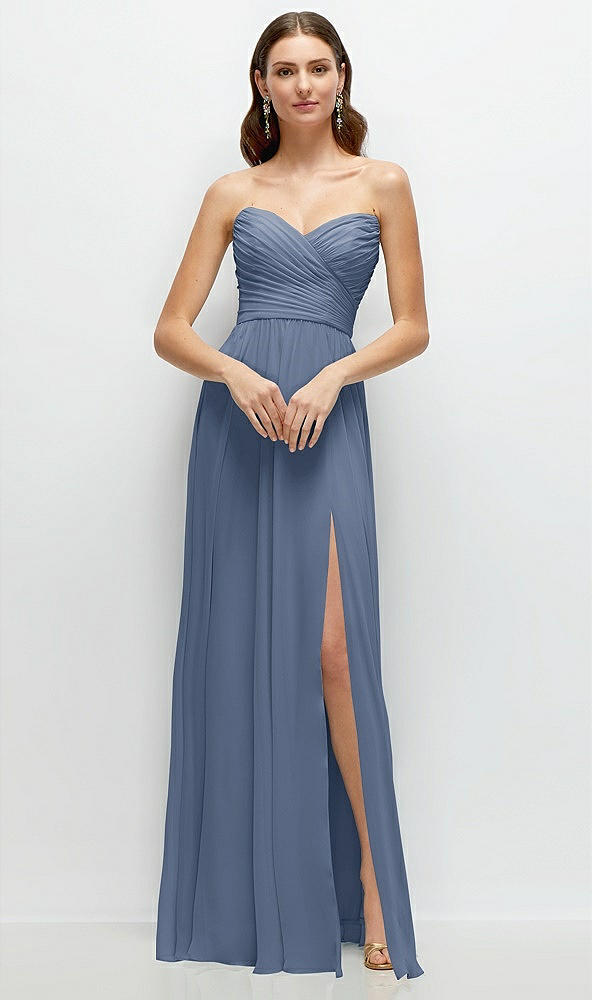 Front View - Larkspur Blue Strapless Pleated Surplice Chiffon Maxi Dress with A-Line Skirt