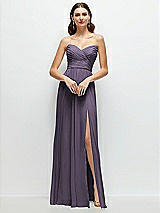 Front View Thumbnail - Lavender Strapless Pleated Surplice Chiffon Maxi Dress with A-Line Skirt