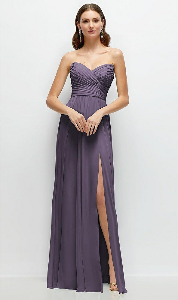 Front View - Lavender Strapless Pleated Surplice Chiffon Maxi Dress with A-Line Skirt