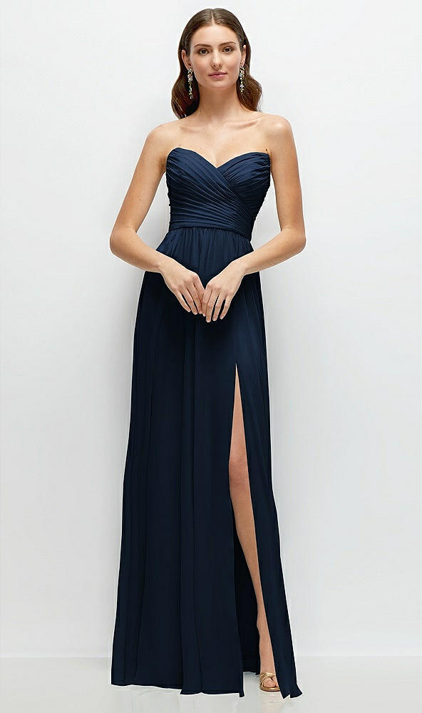 Front View - Midnight Navy Strapless Pleated Surplice Chiffon Maxi Dress with A-Line Skirt