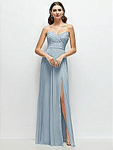 Front View Thumbnail - Mist Strapless Pleated Surplice Chiffon Maxi Dress with A-Line Skirt