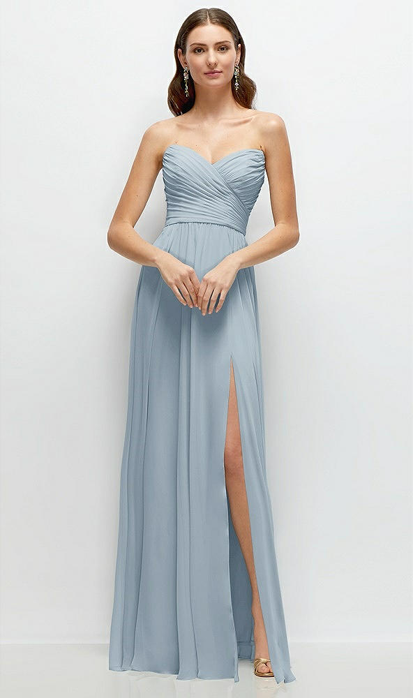 Front View - Mist Strapless Pleated Surplice Chiffon Maxi Dress with A-Line Skirt