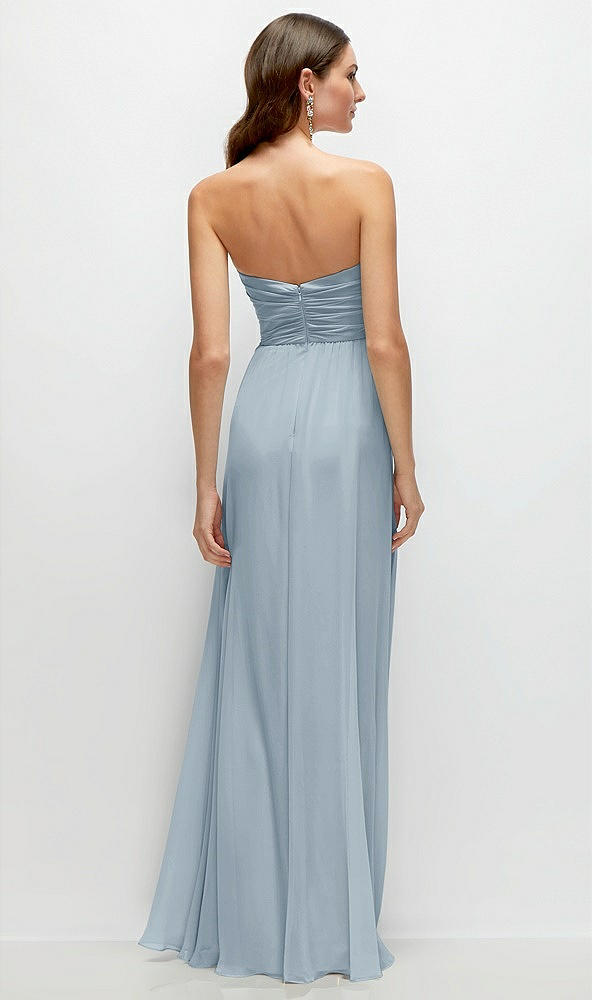 Back View - Mist Strapless Pleated Surplice Chiffon Maxi Dress with A-Line Skirt