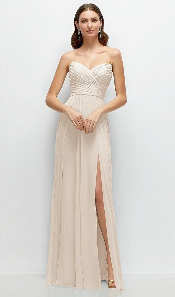 Front View - Oat Strapless Pleated Surplice Chiffon Maxi Dress with A-Line Skirt