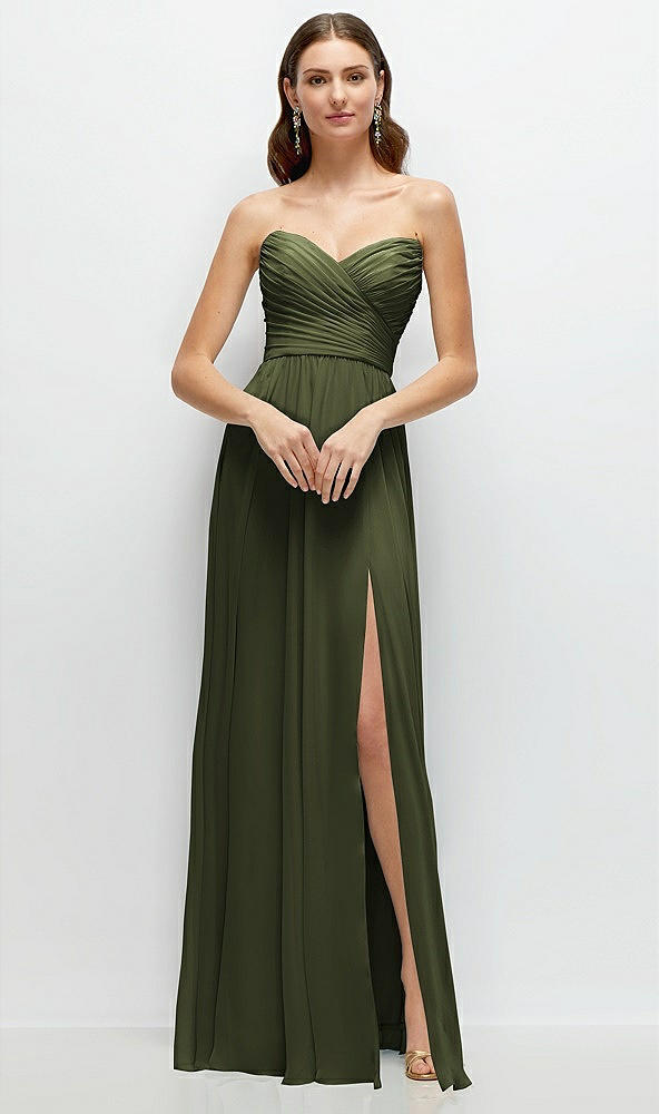 Front View - Olive Green Strapless Pleated Surplice Chiffon Maxi Dress with A-Line Skirt