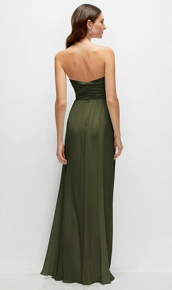 Back View - Olive Green Strapless Pleated Surplice Chiffon Maxi Dress with A-Line Skirt