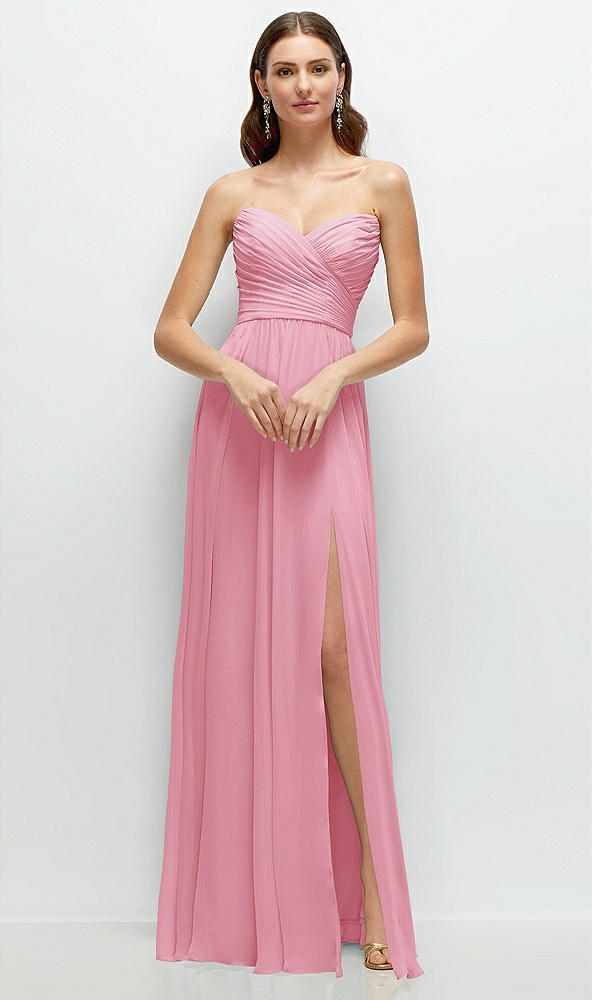 Front View - Peony Pink Strapless Pleated Surplice Chiffon Maxi Dress with A-Line Skirt