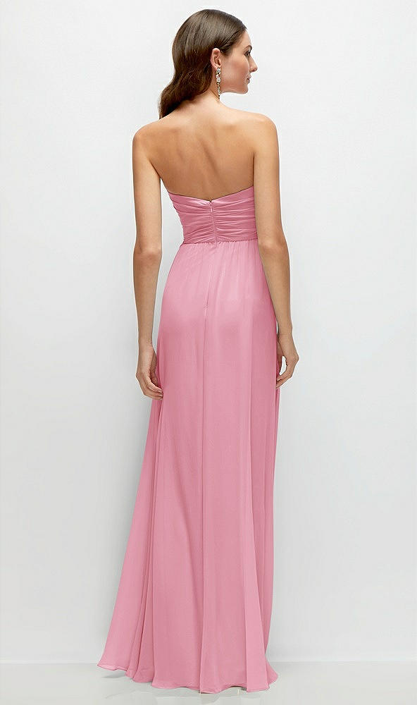 Back View - Peony Pink Strapless Pleated Surplice Chiffon Maxi Dress with A-Line Skirt