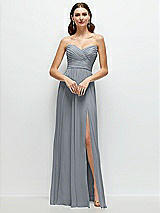 Front View Thumbnail - Platinum Strapless Pleated Surplice Chiffon Maxi Dress with A-Line Skirt