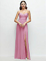 Front View Thumbnail - Powder Pink Strapless Pleated Surplice Chiffon Maxi Dress with A-Line Skirt