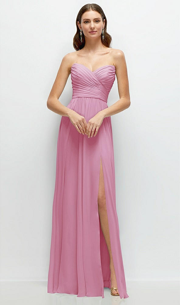 Front View - Powder Pink Strapless Pleated Surplice Chiffon Maxi Dress with A-Line Skirt