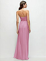 Rear View Thumbnail - Powder Pink Strapless Pleated Surplice Chiffon Maxi Dress with A-Line Skirt