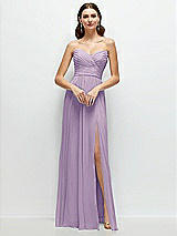 Front View Thumbnail - Pale Purple Strapless Pleated Surplice Chiffon Maxi Dress with A-Line Skirt