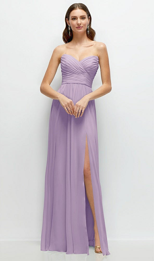 Front View - Pale Purple Strapless Pleated Surplice Chiffon Maxi Dress with A-Line Skirt