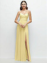 Front View Thumbnail - Pale Yellow Strapless Pleated Surplice Chiffon Maxi Dress with A-Line Skirt