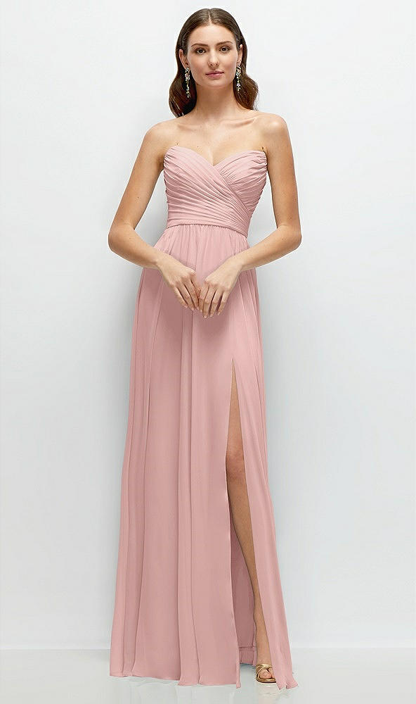 Front View - Rose - PANTONE Rose Quartz Strapless Pleated Surplice Chiffon Maxi Dress with A-Line Skirt